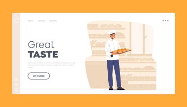 Pasta ve Pişirilmiş Gıda İniş Sayfası Şablonu. Fırın Endüstrisi, Steril Üniformalı Adam Fırıncı ve Şapka Tutma Tepsisi