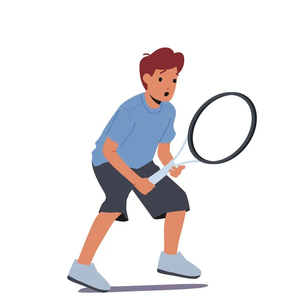 Kleiner Junge hält Schläger beim Tennisspielen. Kid Charakter Sport Training. Happy Child Workout, gesunder Lebensstil — Stockvektor