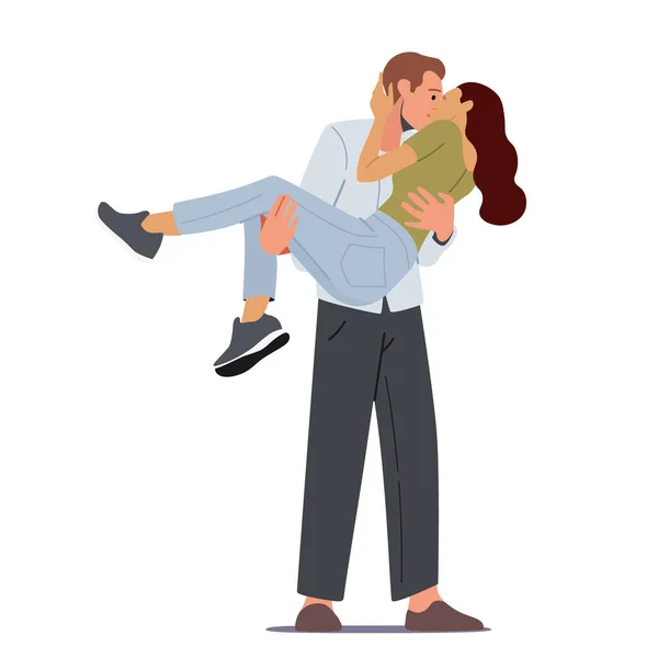 Pareja amorosa Relaciones románticas. Hombre sosteniendo a mujer en las manos y besándose aislado sobre fondo blanco, amantes felices — Archivo Imágenes Vectoriales