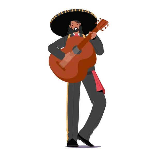 Latin Mariachi mexikói zenész gitározik, elszigetelt férfi nemzeti jelmez fekete kabát, nadrág és Sombrero — Stock Vector