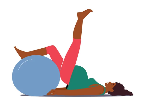 Zwangere vrouwelijke karakter ontspannen op Fitball, vrouw liggend op de vloer met opgeheven been oefenen Yoga geïsoleerd op wit — Stockvector