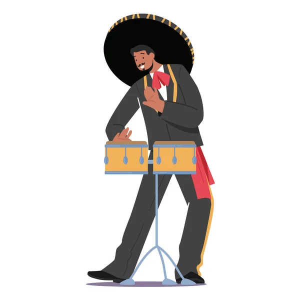 Hiszpański gracz Mariachi w Sombrero Hat i czarny kostium narodowy, Street Player grający na perkusji, izolowany Latin Performer — Wektor stockowy