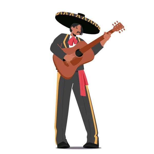 Meksykański muzyk gra na gitarze na festiwalu Cinco De Mayo. Mariachi Music Player Postać, izolowany człowiek w Sombrero Hat — Wektor stockowy