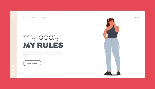 Atractiva Plump Female Character Landing Page Template. Moda de talla grande para mujeres, Lady vestida con pantalones grises — Vector de stock