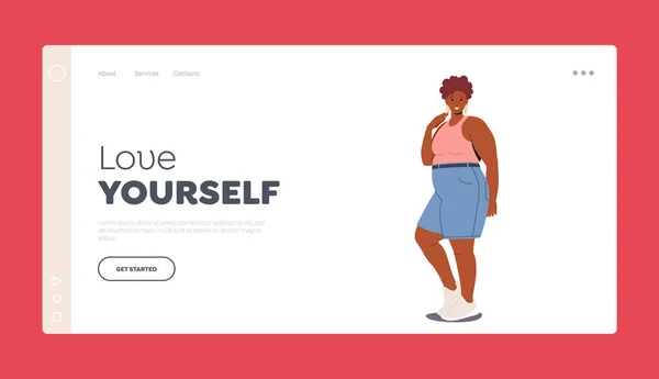 Älska dig själv Landning Page Template. African American Plus storlek kvinna klädd i jeans shorts och Slinky Top — Stock vektor