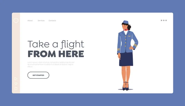 Stewardess Landing Page Template. Stewardess, Stewardess Mädchen in blauer Uniform und Mützenständer mit Arm Akimbo — Stockvektor