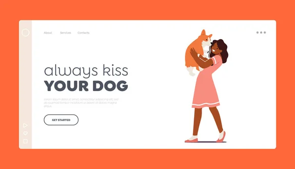 Любовь, отношения с Animal Landing Page Template. Girl Holding Cute Puppy on Hands, Kid Hug and Kiss Funny Korgi Dog — стоковий вектор