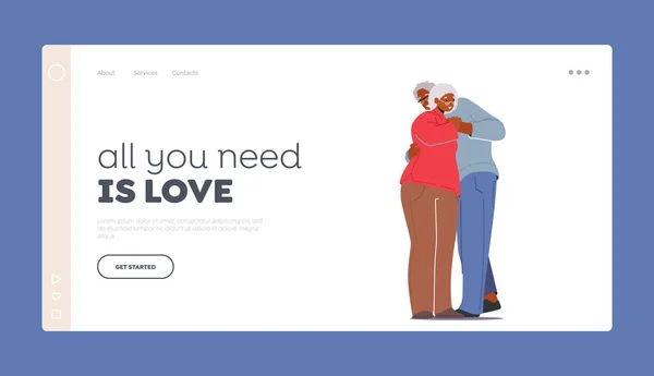 Senioren lieben Landing Page Template. Alter Mann und Frau umarmen und umarmen sich. Liebendes älteres Paar romantische Beziehungen — Stockvektor