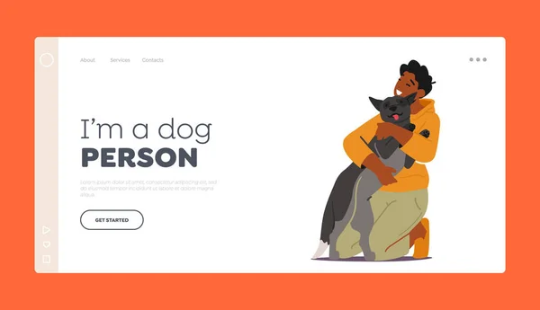 Kid Love Dog Landing Page Template. Ternura para Animal, Garoto Adolescente Abraço e Acariciar Cachorro Engraçado, Criança Adolescente com Filhote de cachorro —  Vetores de Stock