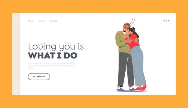 Loving Couple Romantic Relations Landing Page Template. Male and Female Characters Love, Connection, Romance Feelings — Stock Vector