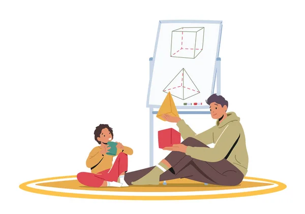 Pai ou professor e menino sentados no chão estudando e aprendendo formas geométricas juntos. Pai e pequeno filho aprendem —  Vetores de Stock