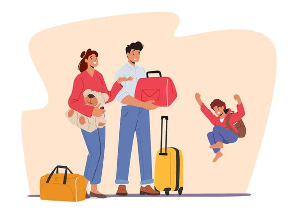 Щаслива сім'я Батько, мати та дитина з валізами та сумками збираються на відпустку або готуються до відвідування бабусь та дідусів — стоковий вектор
