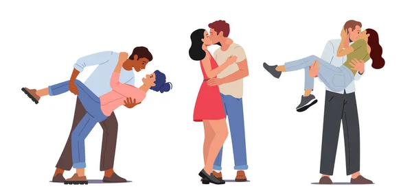 Набор счастливых влюбленных поцелуев, мужские и женские персонажи проводят время вместе обнимаясь и радуясь с партнерами — стоковый вектор