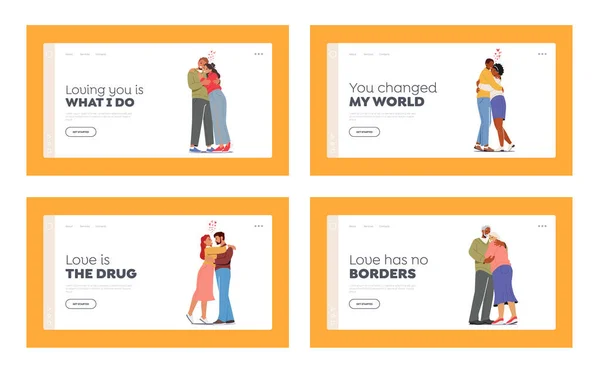 Loving Couples Hug Landing Page Template Set. Aged and Young People Romantic Relations. Happy Men or Women Embracing — Stock Vector