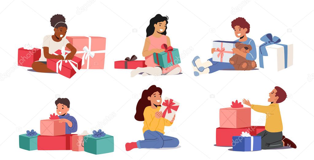Set of Kids Holding, Opening, Getting Christmas, New Year, Birthday Presents. Children with Gifts on White Background