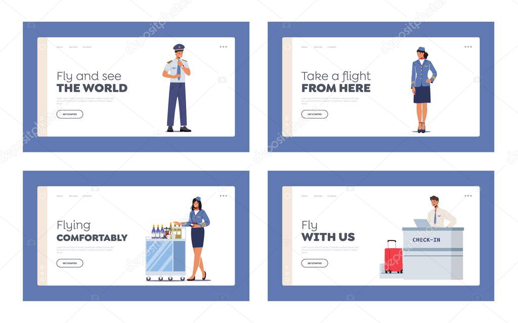 Airport Staff, Airline Employees Landing Page Template Set. Pilot of Airplane, Airport Employee, Security and Stewardess