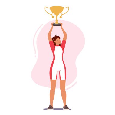 Spor Başarı, Zafer Kutlama Konsepti. Sportif Kadın Karakteri Üniforma Giyiyor Zaferi Kutluyor Altın Kupa Tutuyor