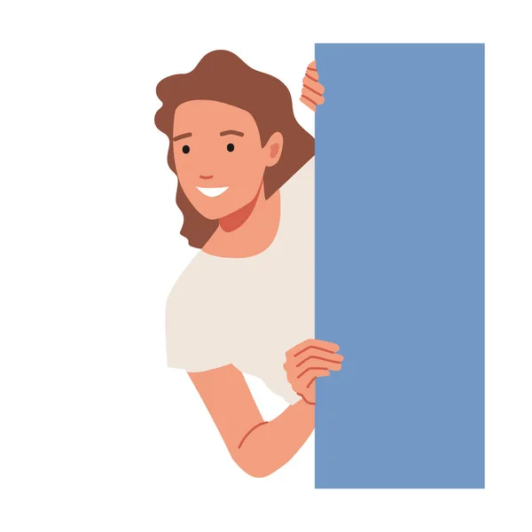 Smiling Woman Peeping, Watching and Spying. Happy Curious Female Character Looking From Behind Blue Rectangular Shape — Stock Vector