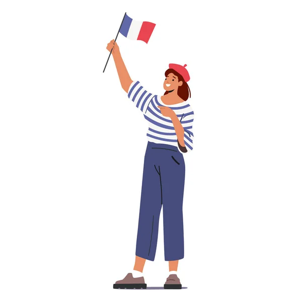 Femme française typique en béret rouge et T-shirt rayé tenant le drapeau de la France dans les mains, caractère dans les vêtements traditionnels de Paris — Image vectorielle