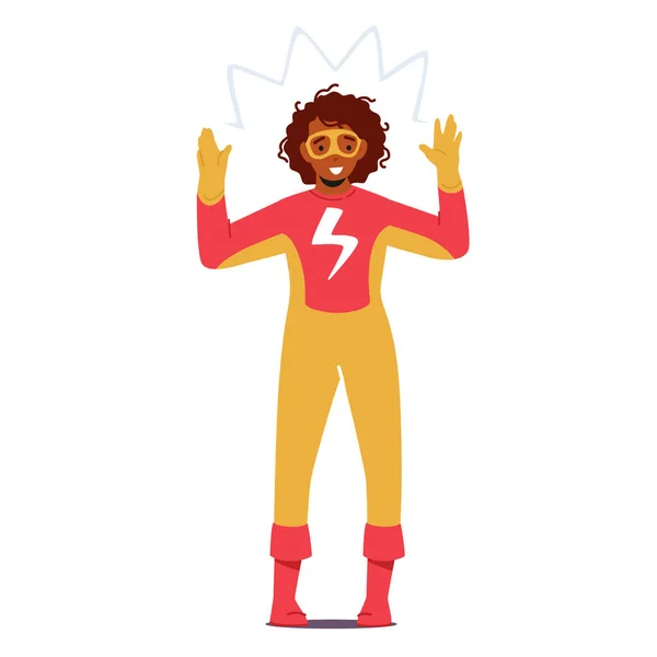 Funny Girl Caracter Wear Super Hero traje con Flash aislado sobre fondo blanco. Niño superhéroe realizar en escena — Vector de stock