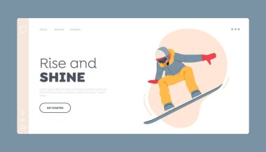 Kış etkinliği, Snowboard Spor İniş Sayfası Şablonu. Sıcak Spor Kostümlü Genç Kadın Dublörlük Yapıyor