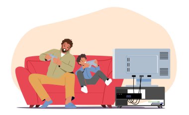 Aile eğlencesi. Babasıyla video oyunu oynayan küçük çocuk. Neşeli Karakterler TV 'nin önünde Joystick ile oturuyor