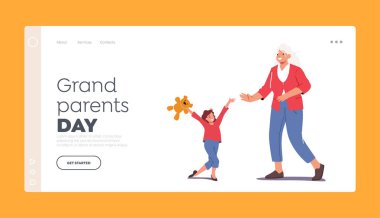 Büyükbabalar Günü İniş Sayfa Şablonu. Mutlu büyükanne ve torun karakterleri buluşması. Çocuk büyükanneyi ziyaret ediyor.