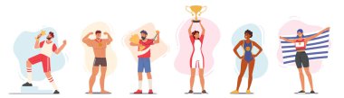 Madalyaları ve bayrakları olan sporcular ve kadın sporcular. Zafer, Zafer Konsepti. Genç Mutlu Karakterler Kupa Tutuyor