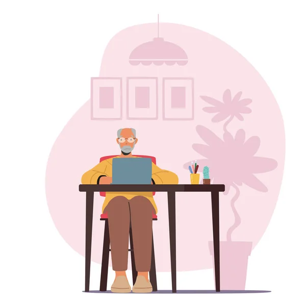 Hombre mayor usa computadora en el interior del hogar. Personaje masculino envejecido sentado en el escritorio con computadora portátil mirando en el chat de pantalla — Vector de stock