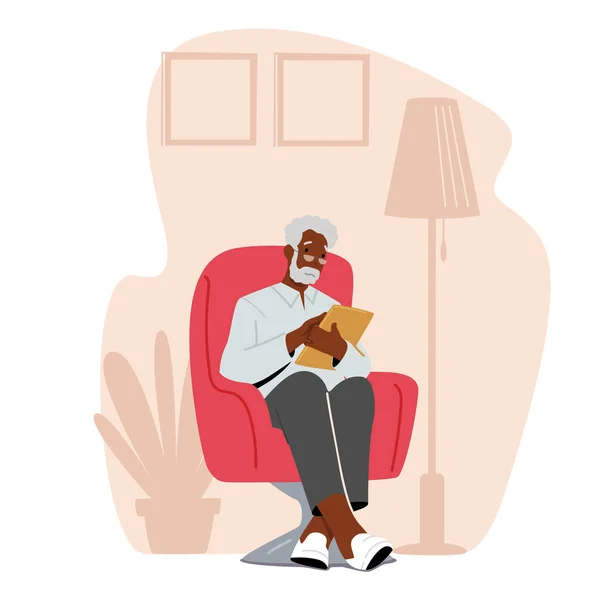 Homme chevelu blanc âgé détendu assis sur une chaise avec tablette Pc lecture message ou bavardage dans les réseaux de médias sociaux — Image vectorielle