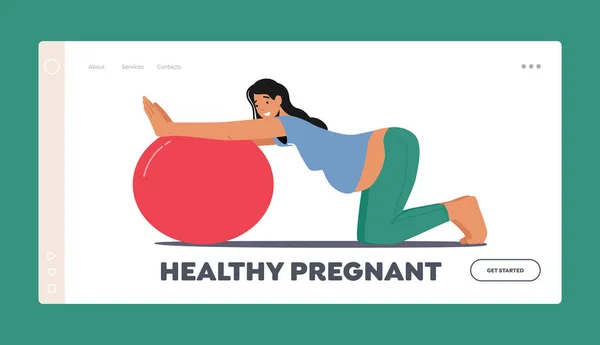 Modèle de page d'atterrissage du concept de conditionnement physique pendant la grossesse. Femme enceinte personnage faisant des exercices avec Fitball — Image vectorielle