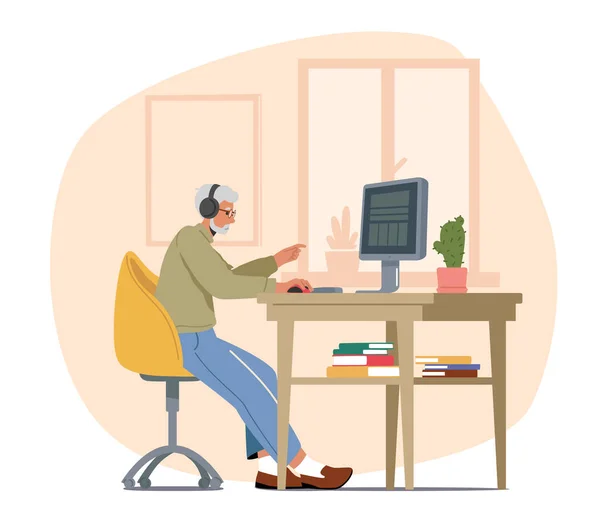 Konzentrierte ältere grauhaarige männliche Figur, die am Schreibtisch sitzt und eine SMS schreibt oder in Netzwerken surft — Stockvektor