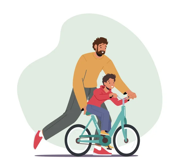 幸せな家族のキャラクター活動。初めて自転車に乗ることを息子に教える父親の世話をします。父は子供のサイクリングを教える — ストックベクタ