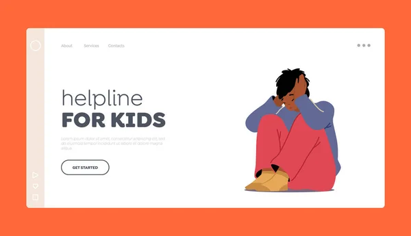 Helpline für Kinder Landing Page Template. Familienprobleme, Missbrauch, Mobbing. Kleine Kinderfigur sitzt weinend auf dem Boden — Stockvektor