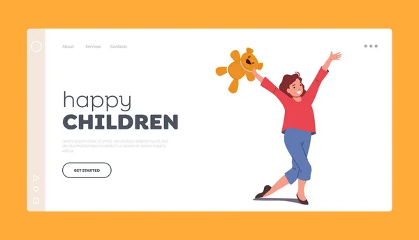 Счастливые дети Landing Page Template. Девушка с игрушкой, ребенок играет, ребенок с медвежонком Тедди смеется и бежит — стоковый вектор