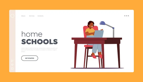 Home School Landing Page Template. African Boy Sit at Desk with Laptop, Learning Classes, Watch Webinar, Chatting — Stock Vector