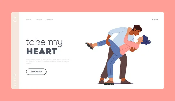 Jovem Casal Romance Relações Landing Page Template. Homem e mulher em relacionamentos amorosos ou amigáveis passar o tempo — Vetor de Stock