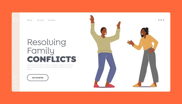 Resolving Family Conflict Landing Page Template. Couple Fighting, Man and Woman Quarreling, Scolding. Scandal — Stock Vector