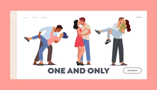 Happy Loving Couple Kissing Landing Page Template (en inglés). Hombres y mujeres personajes pasan tiempo juntos abrazando y regocijándose — Archivo Imágenes Vectoriales