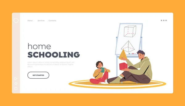 Home Schooling Landing Page Template. Ouder of leraar en jongen karakters leren samen geometrische vormen — Stockvector