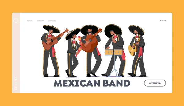 "Mexican Band Landing Page Template". Мариачи, игра на гитаре, барабанах и маракасе — стоковый вектор