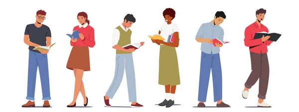 Set de studenți personaje masculine și feminine care citesc cărți. Young Multirasial Diverse Men and Women Reading Textbooks — Vector de stoc
