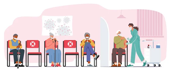 Alte Menschen warten im Krankenhaussaal auf Impfungen. Ältere männliche und weibliche Charaktere beim Impfen gegen Coronavirus — Stockvektor