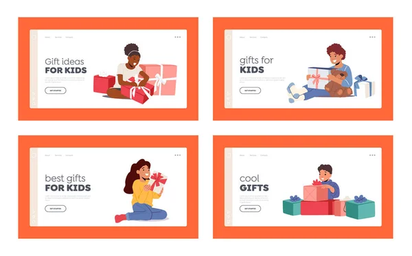 Kinder mit Geschenken Landing Page Template Set. Kids Holding, Eröffnung, Weihnachten, Neujahr, Geburtstagsgeschenke — Stockvektor