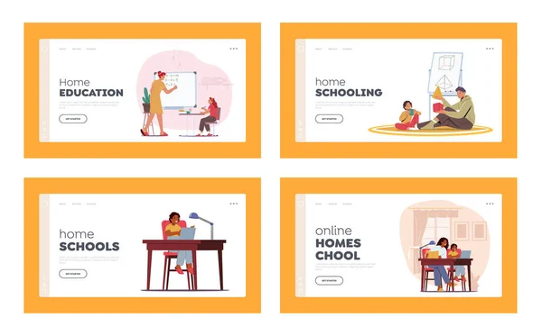 Familienbildung, Schule zu Hause Landing Page Template Set. Mutter, Vater, Kinder Schüler machen Hausaufgaben — Stockvektor