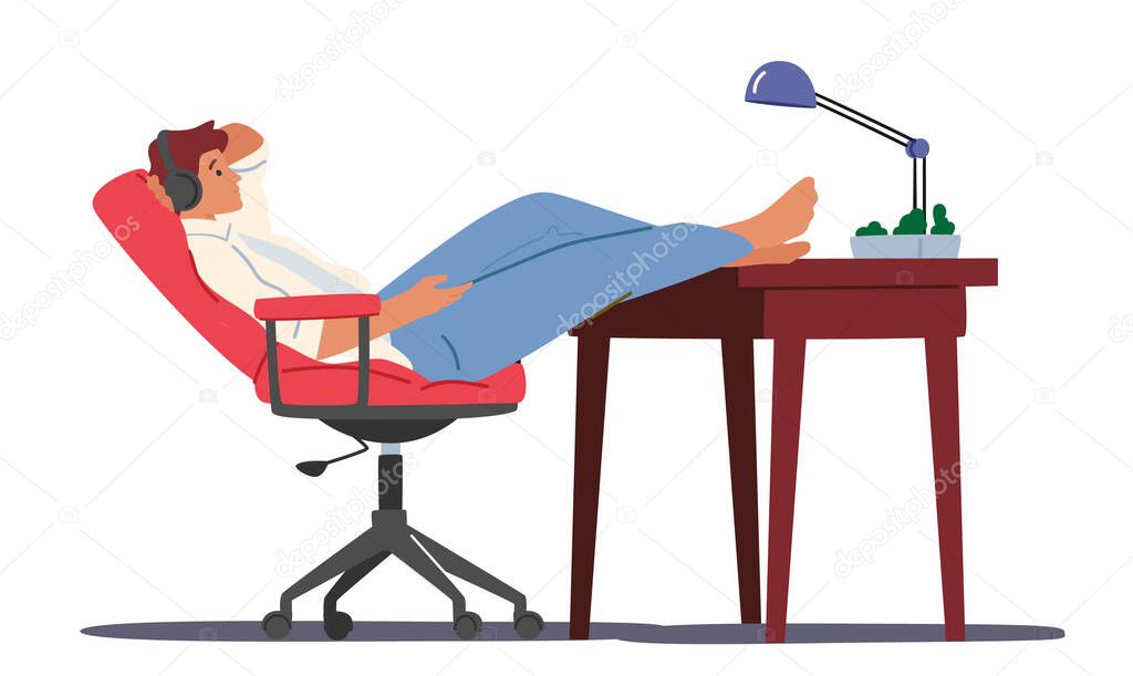 Lazy Man Relaxing with Headphones at Workplace Desk During Working Hours With Legs Lying on Table, Procrastination