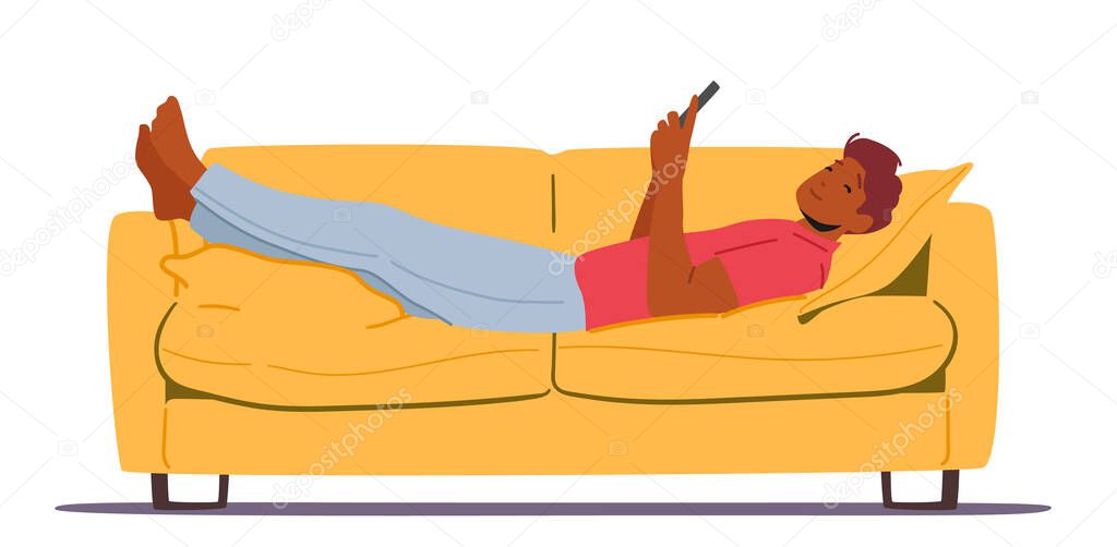 Relax Lazy Time, Young Man Using Phone Lying on Sofa or Couch at Home, Relaxing With Smartphone, Person Wasting Time