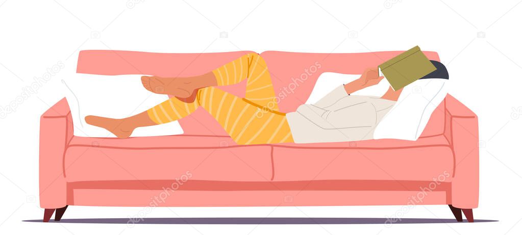 Lazy Female Character Sleeping Lay Down on Couch Cover Face with Book. Afternoon Slump, Laziness and Procrastination