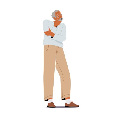 Bunama Konsepti. Kafası karışmış yaşlı erkek karakter beyaz arka planda izole edilmiş bir şeyi unutuyor. Unutkan kıdemli adam.