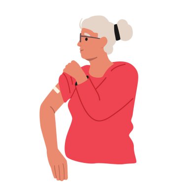 Aşı olduktan sonra yaşlı gri saçlı kadın omzuna dokundu. Yaşlı Kadın Karakter Sağlık Hizmetleri Beyaz Arkaplanda İzole Edildi